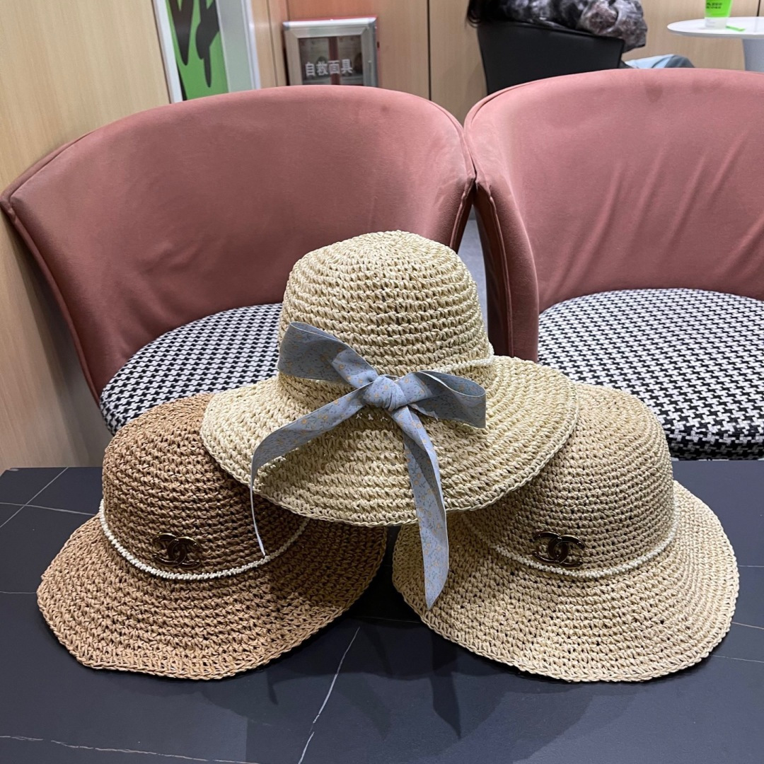  Chanel香奈儿草帽日系甜美珍珠蝴蝶结草帽女夏季
海边度假出游遞阳防晒太阳帽子
