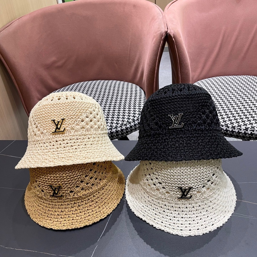  lv路易威登2025新款韩版遮阳渔夫帽女夏季纯色太阳帽镂
空针织甜美品脸小盆帽