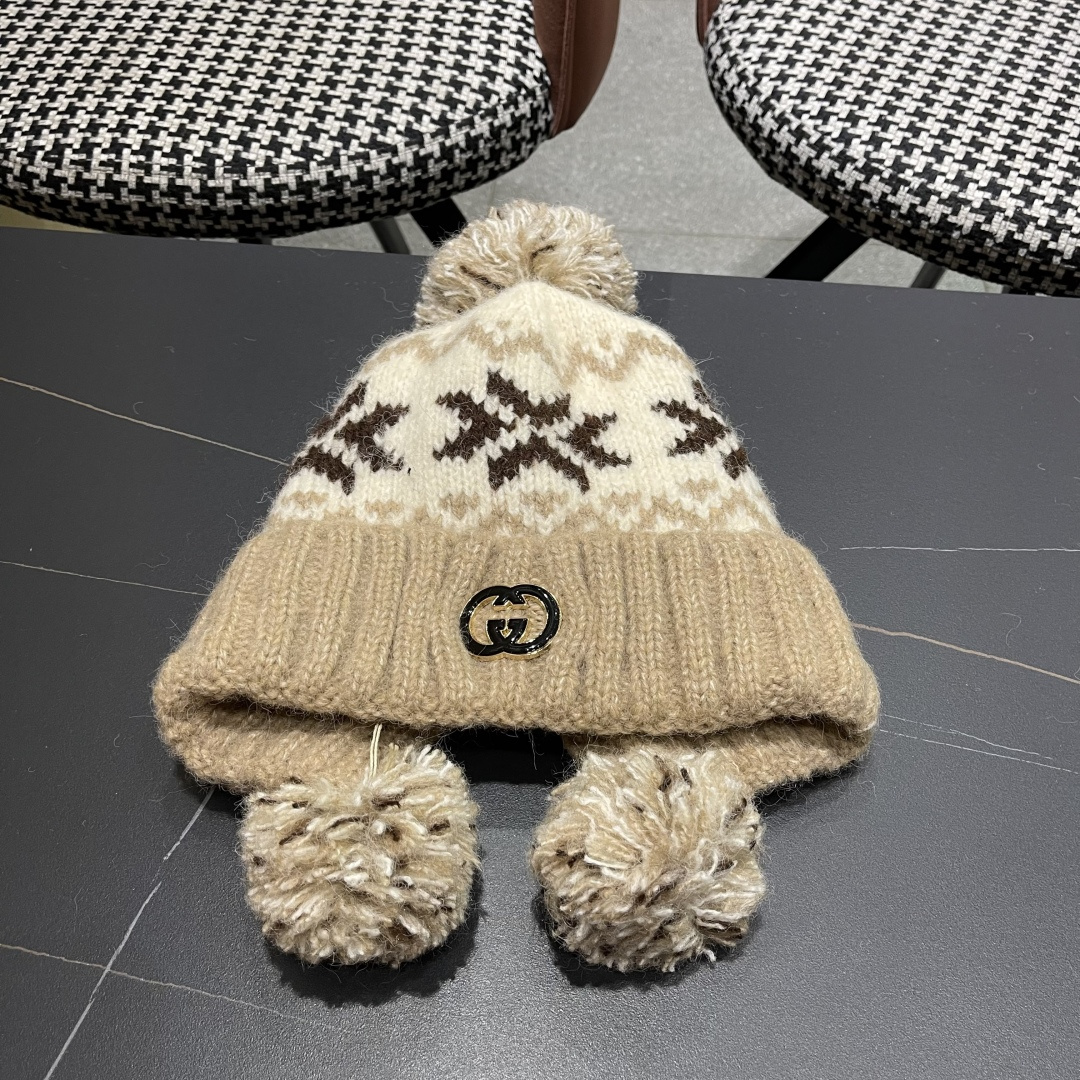  古奇 Guccl帽子女秋冬季加绒加厚针织帽保暖护耳冷帽2025新款包头毛线帽
