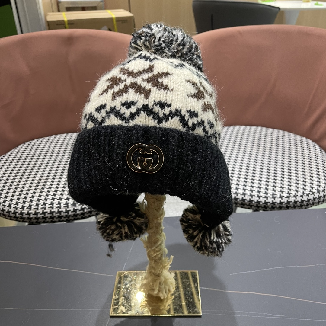  古奇 Guccl帽子女秋冬季加绒加厚针织帽保暖护耳冷帽2025新款包头毛线帽