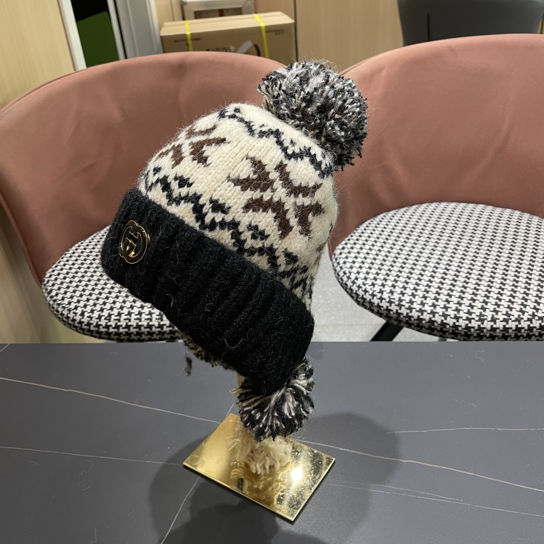  古奇 Guccl帽子女秋冬季加绒加厚针织帽保暖护耳冷帽2025新款包头毛线帽