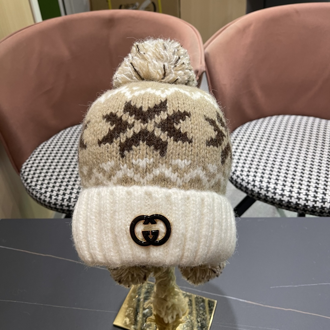 古奇 Guccl帽子女秋冬季加绒加厚针织帽保暖护耳冷帽2025新款包头毛线帽