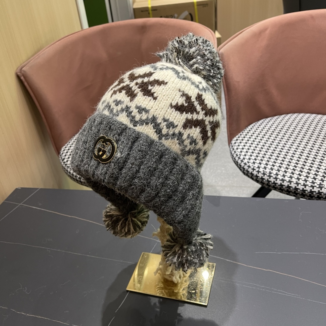  古奇 Guccl帽子女秋冬季加绒加厚针织帽保暖护耳冷帽2025新款包头毛线帽