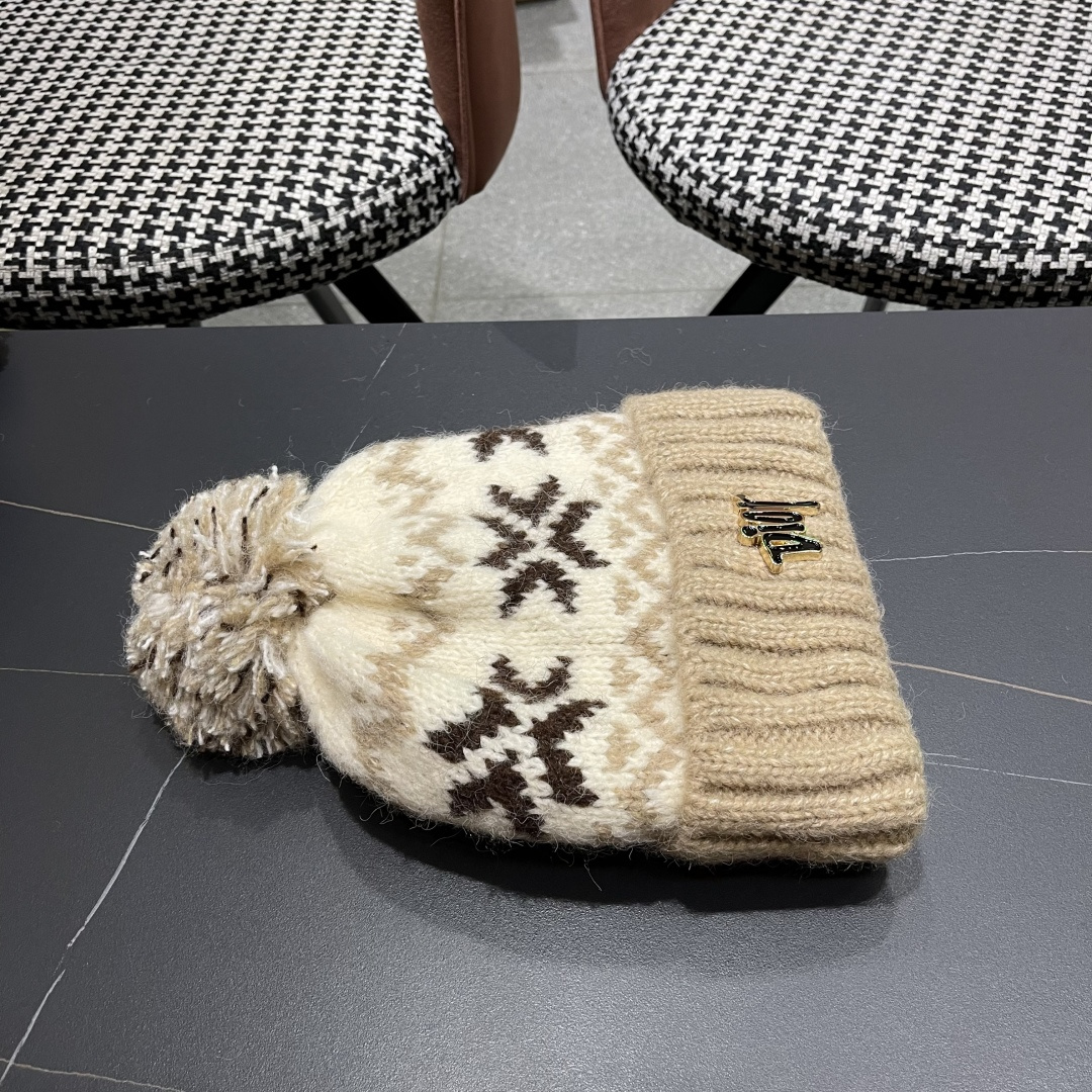  迪奥Dior 费尔岛软糯秋冬休闲毛线帽 保暖针织帽卷边可爱毛球帽圣诞韩版ins