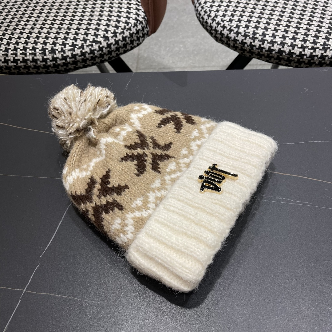  迪奥Dior 费尔岛软糯秋冬休闲毛线帽 保暖针织帽卷边可爱毛球帽圣诞韩版ins