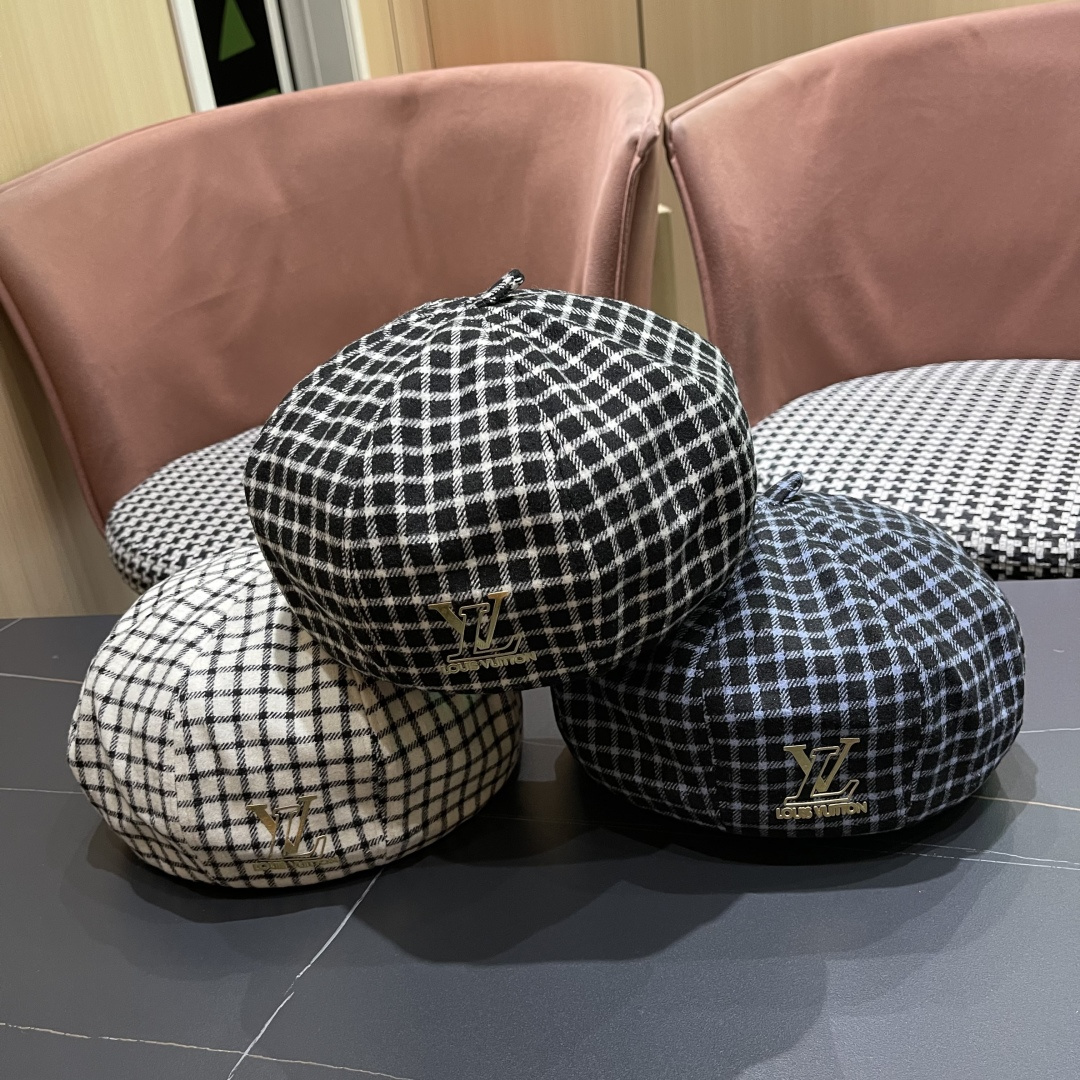  Lv路易威登 日系复古格子贝雷帽子女春秋季2025新款时尚百搭八角帽报童画家帽
