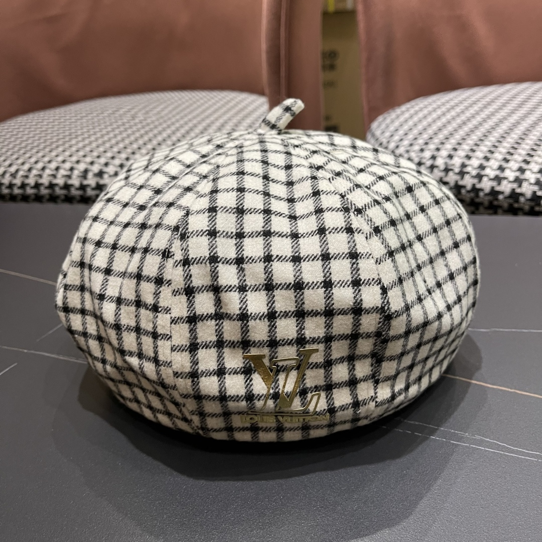  Lv路易威登 日系复古格子贝雷帽子女春秋季2025新款时尚百搭八角帽报童画家帽
