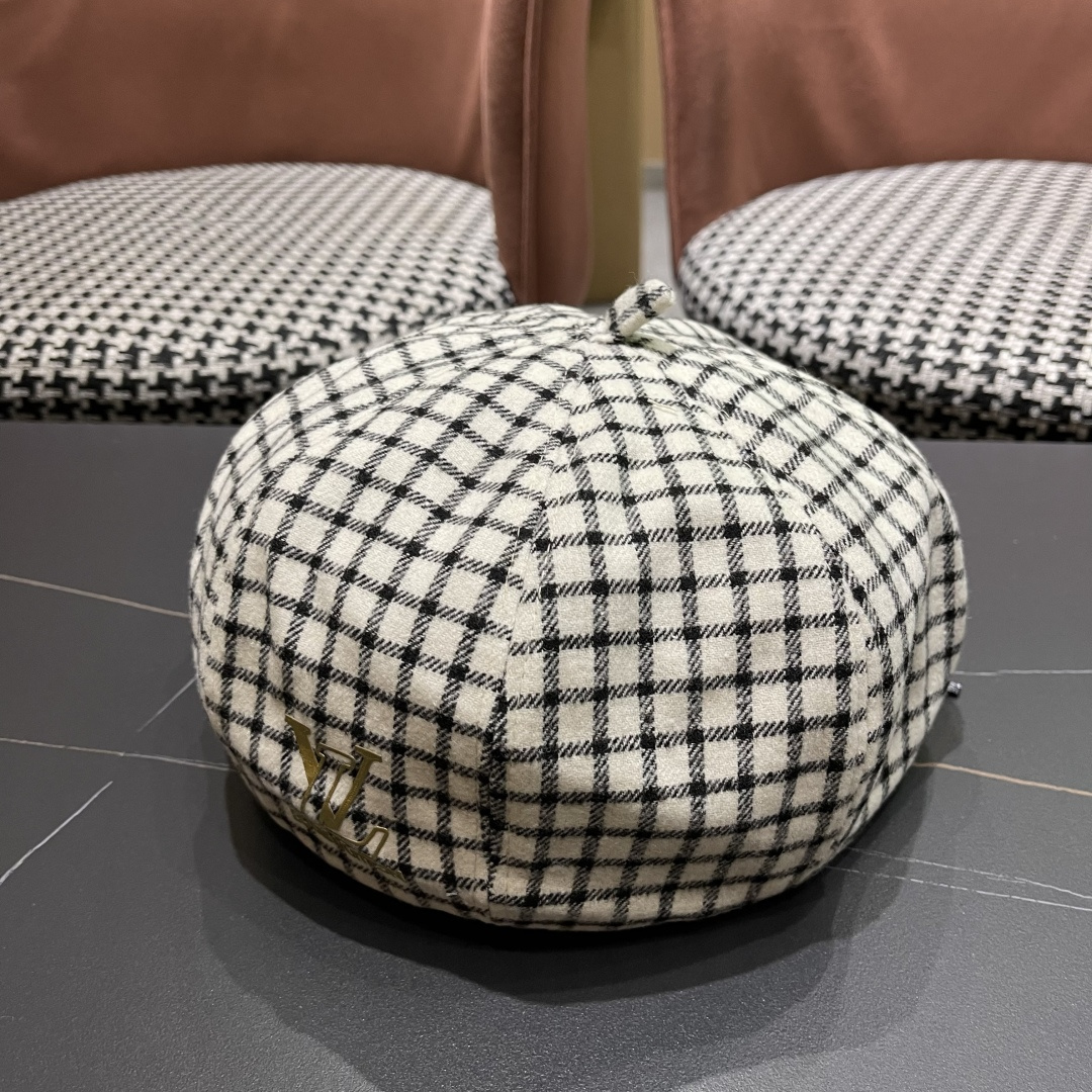  Lv路易威登 日系复古格子贝雷帽子女春秋季2025新款时尚百搭八角帽报童画家帽
