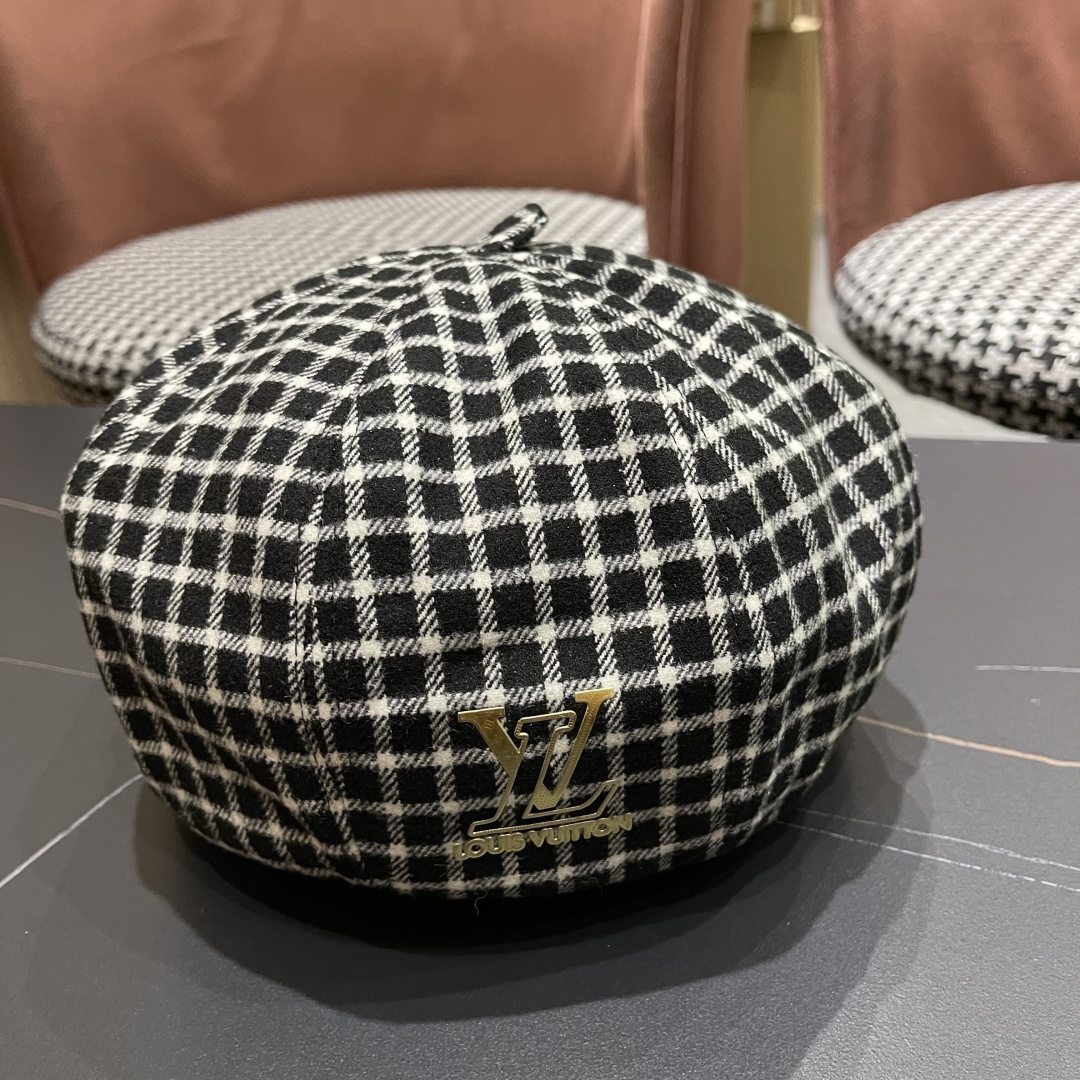  Lv路易威登 日系复古格子贝雷帽子女春秋季2025新款时尚百搭八角帽报童画家帽

