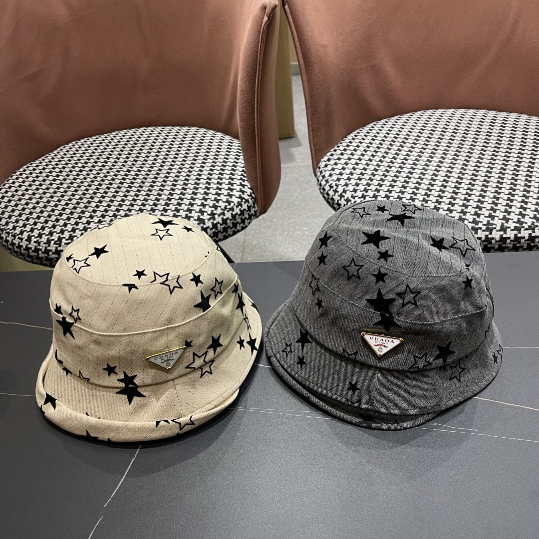  普拉达，Prada新款韩系满天星条纹黑白涂鸦渔夫帽春秋休闲百搭显脸小防晒遮阳帽
