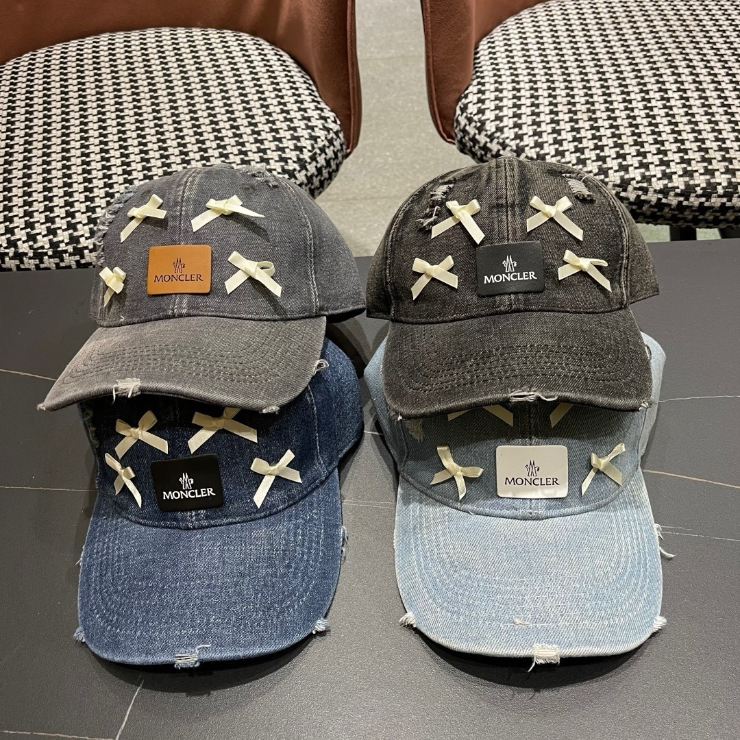  Moncler蒙口 水洗牛仔裤破洞蝴蝶结棒球帽2025春新款，防晒复古百搭鸭舌帽子男潮