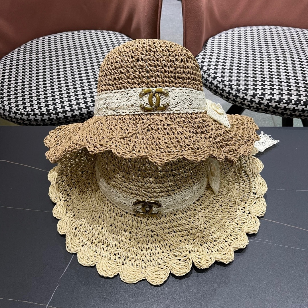  Chanel香奈儿帽子女草帽韩版潮百搭日系夏季薄款透气蕾丝花
边镂空小清新防风绳