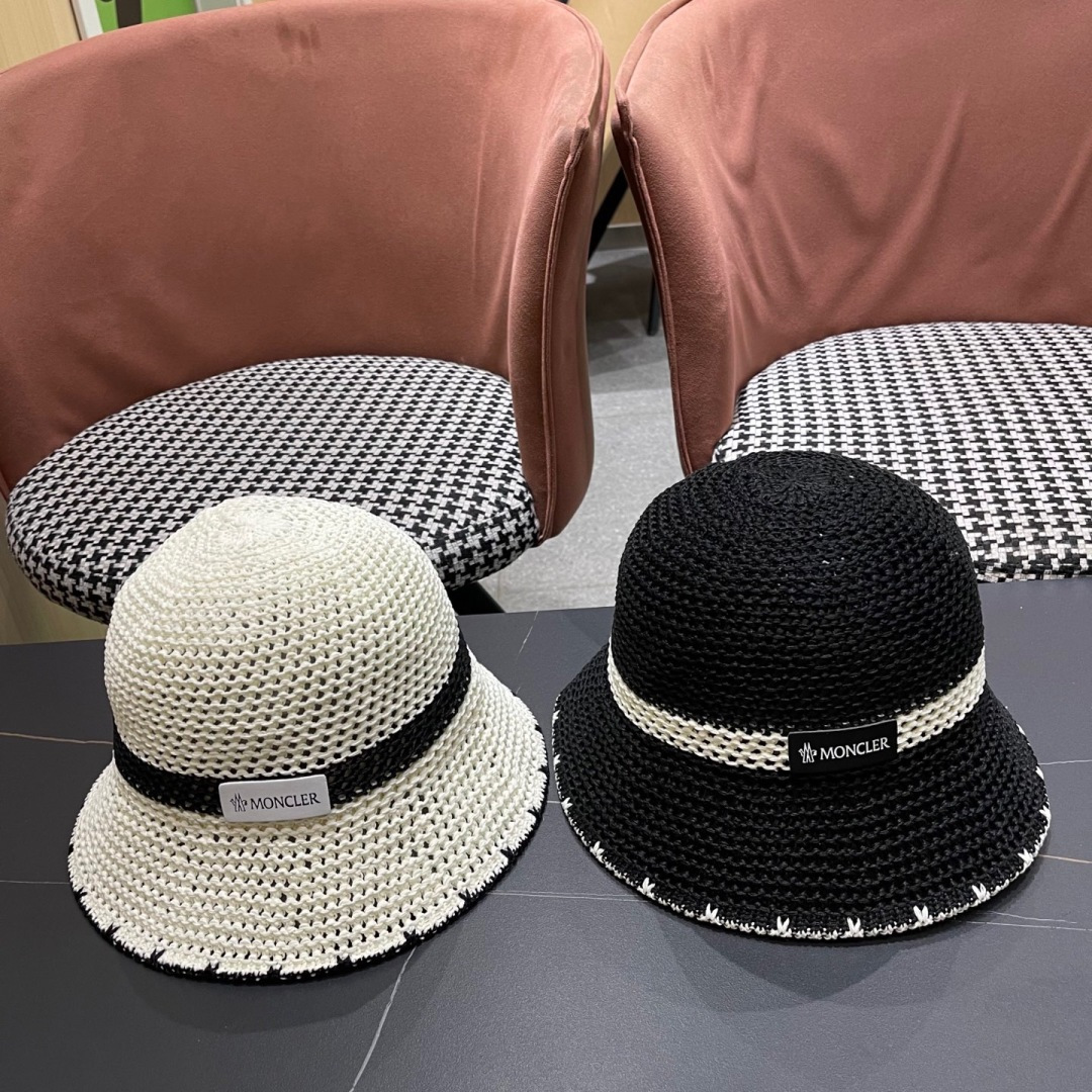  蒙口Moncler 2025薄款草编渔夫帽女夏季镂空透气遮阳防
晒太阳帽显脸小水桶盆帽