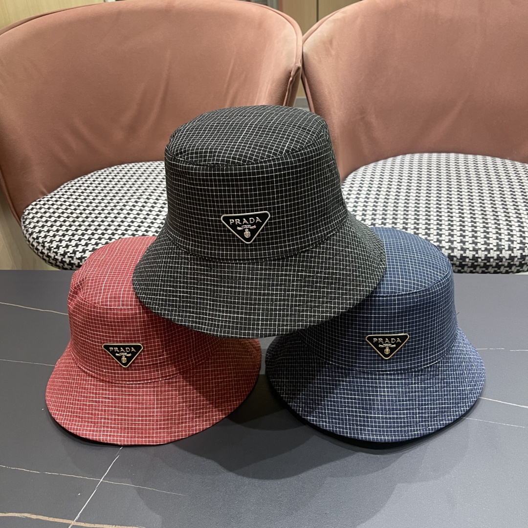  普拉达 韩版格子防晒帽子女夏季2025新款薄
款透气百搭遮阳盆帽时尚渔夫帽