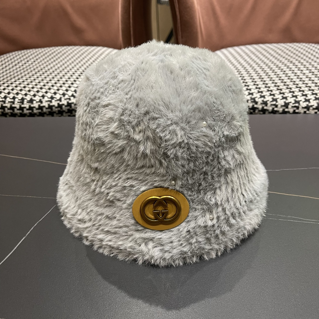  GUCCI渔夫帽2025秋冬新款女显脸小保暖盆帽休闲毛绒水桶帽