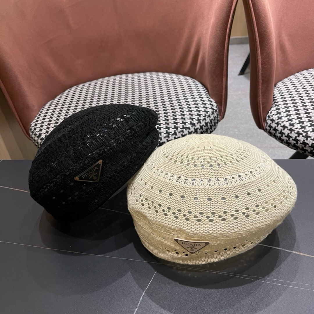  普拉达 纯色镂空薄款贝雷帽女2025新款夏季文艺百搭画家帽时尚八角帽