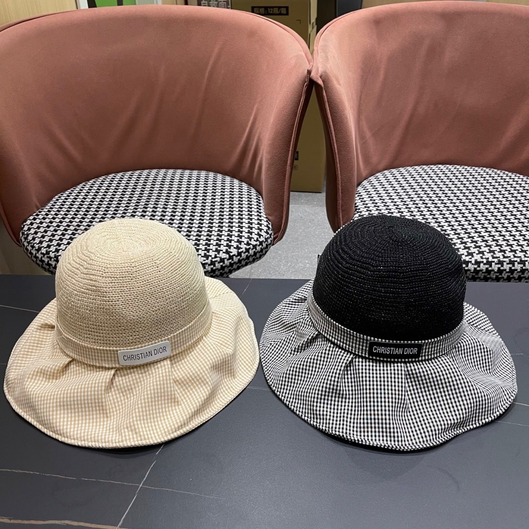  DIOR 迪奥 夏季格子蝴蝶结渔夫帽子女防紫外线大檐遮脸太阳帽