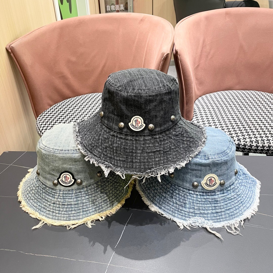  蒙口Moncler 韩版街头小众磨边做旧牛仔铆钉渔夫帽女大帽檐
遮阳显脸小盆帽男女