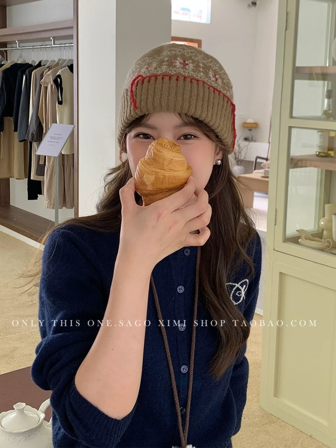  MONCLER（蒙口）雪花套头针织帽保暖百搭大头围复古毛线帽子女秋冬