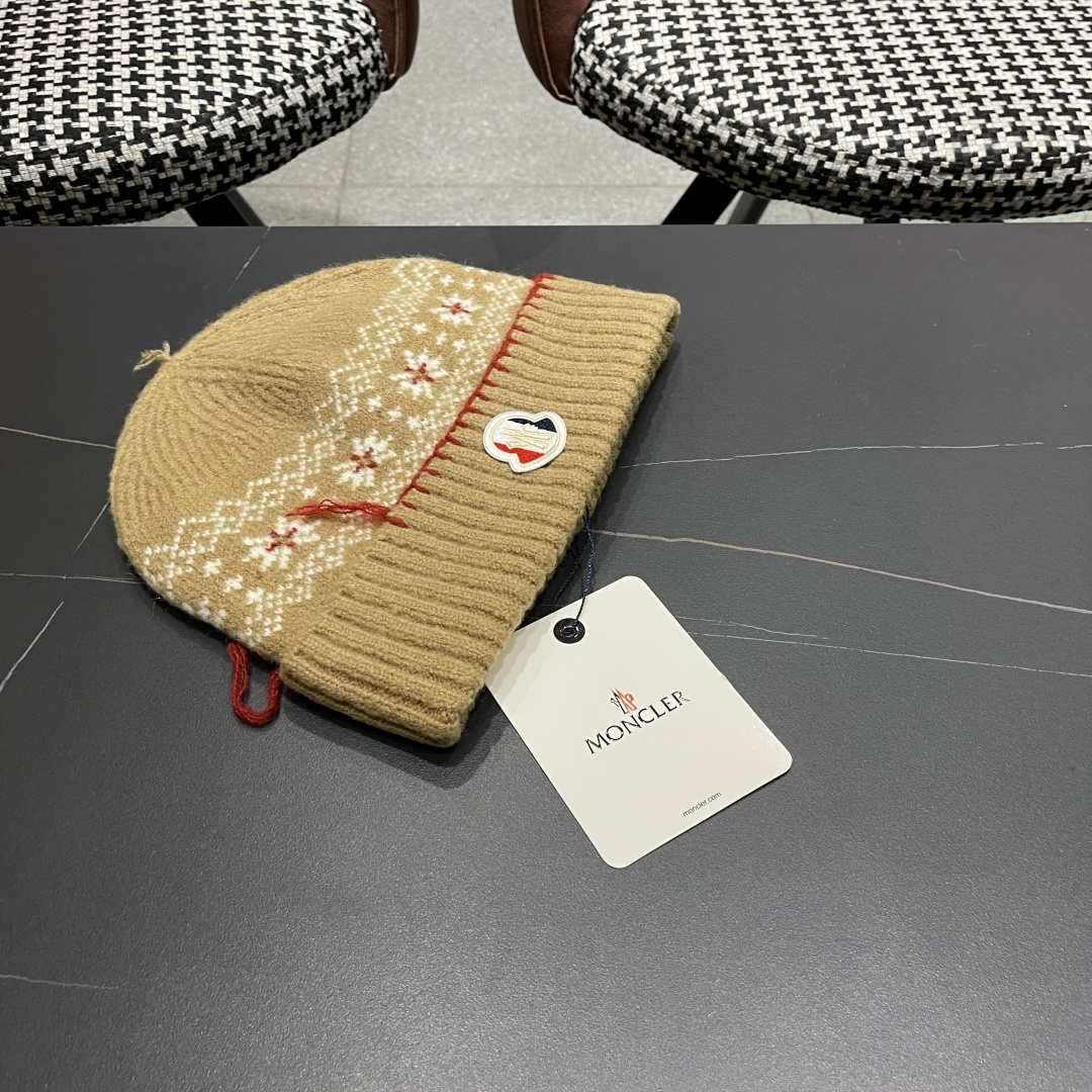  MONCLER（蒙口）雪花套头针织帽保暖百搭大头围复古毛线帽子女秋冬