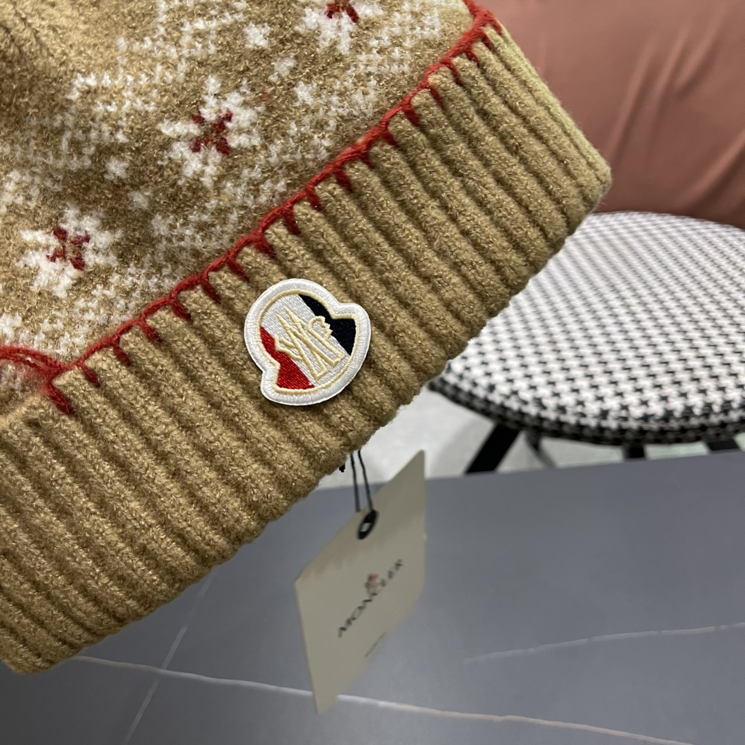  MONCLER（蒙口）雪花套头针织帽保暖百搭大头围复古毛线帽子女秋冬