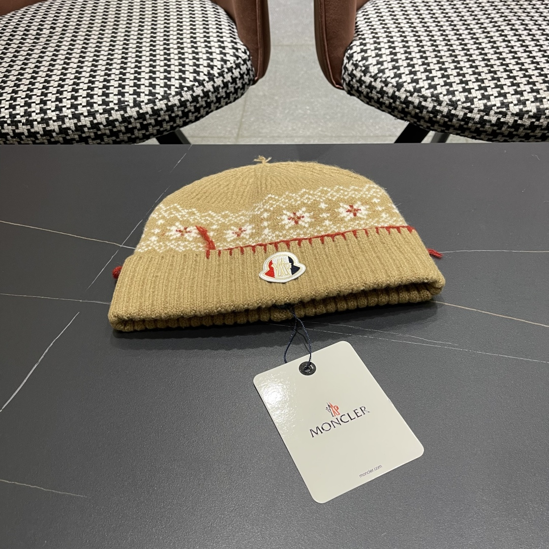  MONCLER（蒙口）雪花套头针织帽保暖百搭大头围复古毛线帽子女秋冬