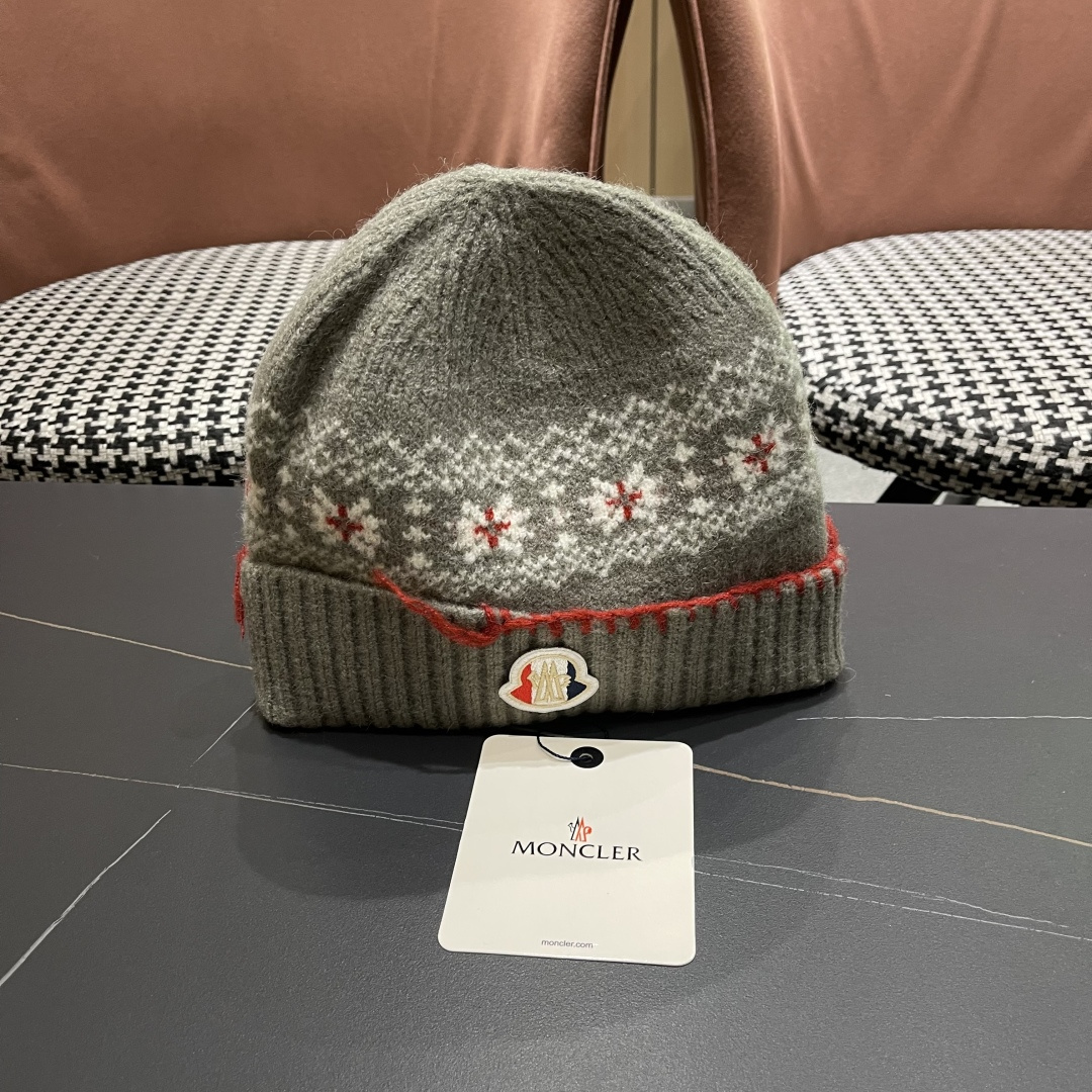  MONCLER（蒙口）雪花套头针织帽保暖百搭大头围复古毛线帽子女秋冬