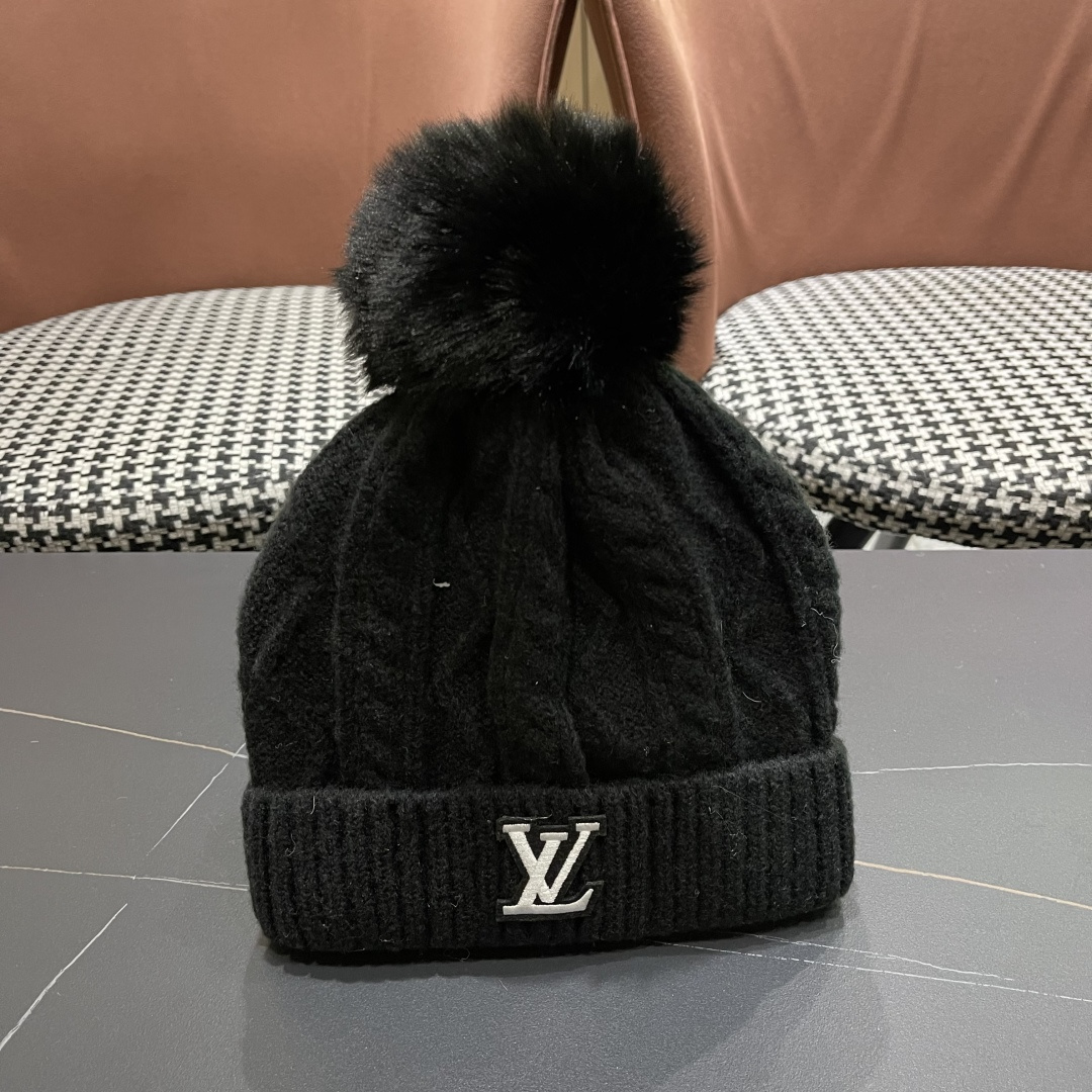  lv路易威登帽子2025女秋冬毛线帽韩版针织帽女士百搭毛球帽护耳冬季套头潮加厚帽