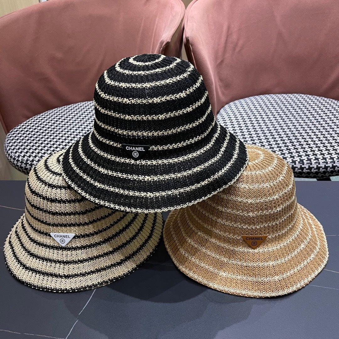  Chanel(香奈儿)草帽春夏薄款条纹渔夫帽女透气遮阳水桶帽时尚
针织盆帽文艺百搭帽