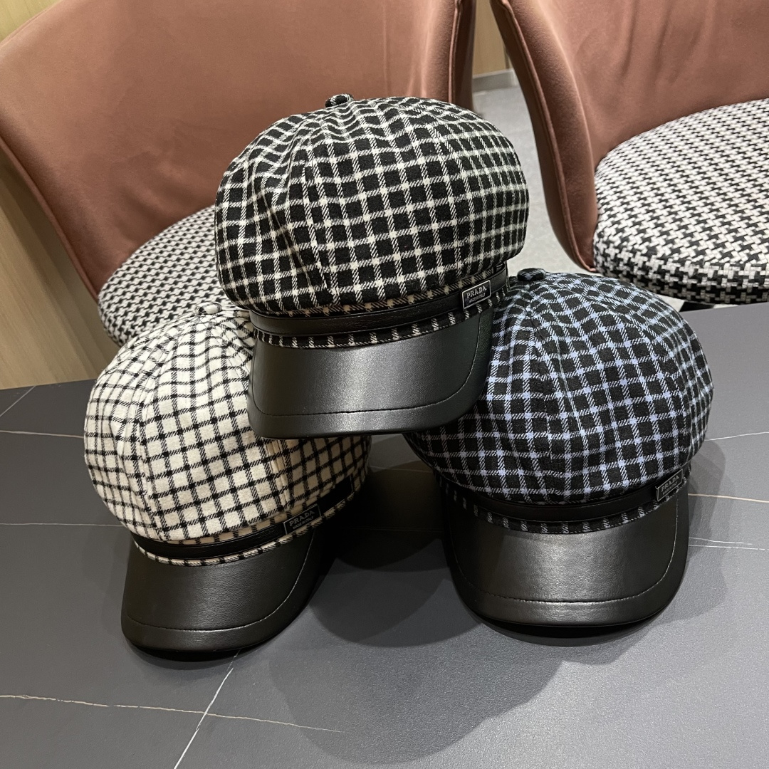 普拉达 2025 新款韩版格纹贝雷帽女春秋百搭显脸小
休闲画家帽潮八角帽