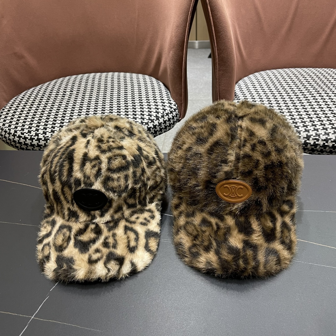  CELINE赛琳韩版豹纹棒球帽女秋冬加厚保暖毛绒帽子时尚休闲仿兔毛绒鸭舌帽潮