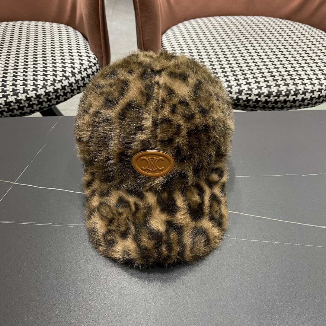  CELINE赛琳韩版豹纹棒球帽女秋冬加厚保暖毛绒帽子时尚休闲仿兔毛绒鸭舌帽潮