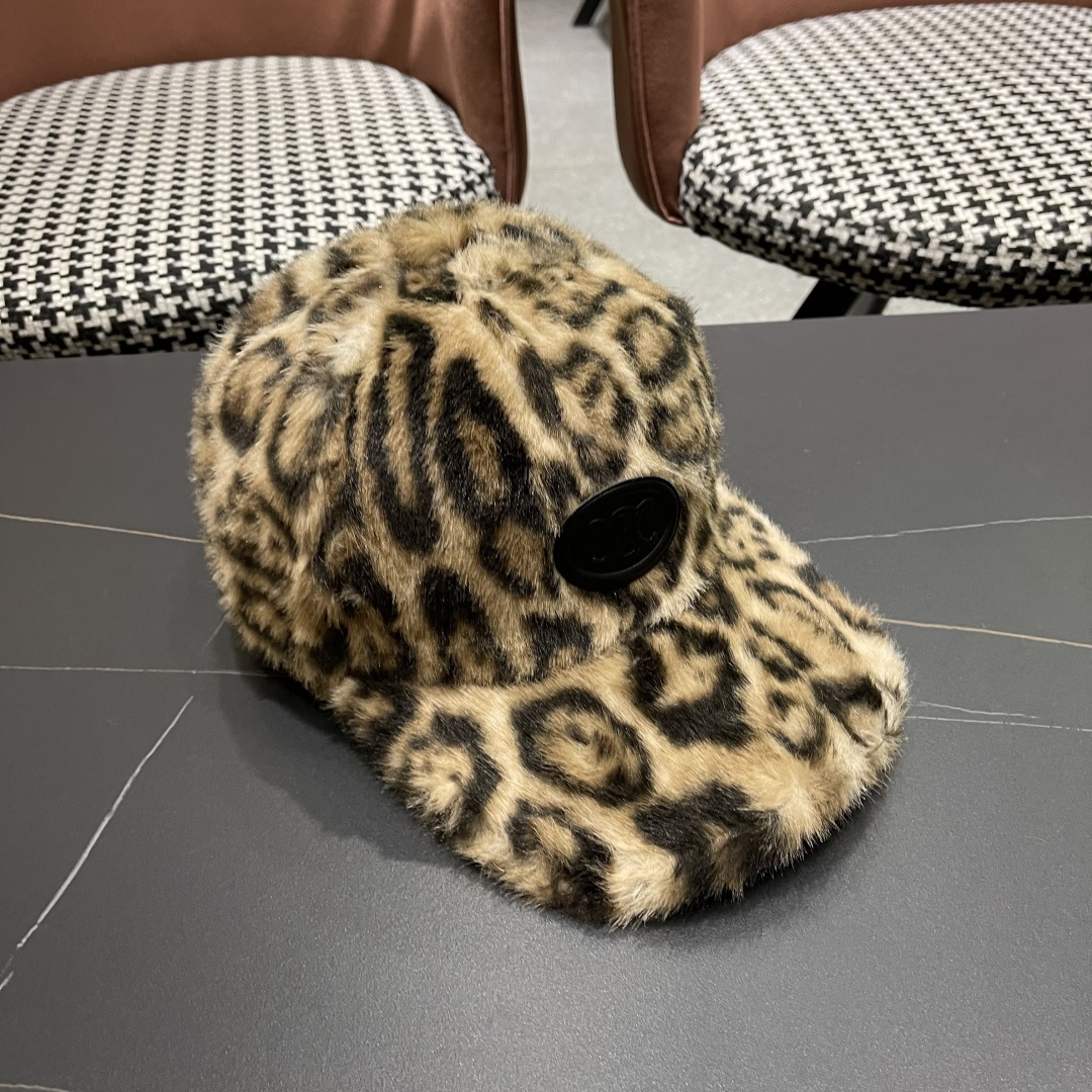  CELINE赛琳韩版豹纹棒球帽女秋冬加厚保暖毛绒帽子时尚休闲仿兔毛绒鸭舌帽潮