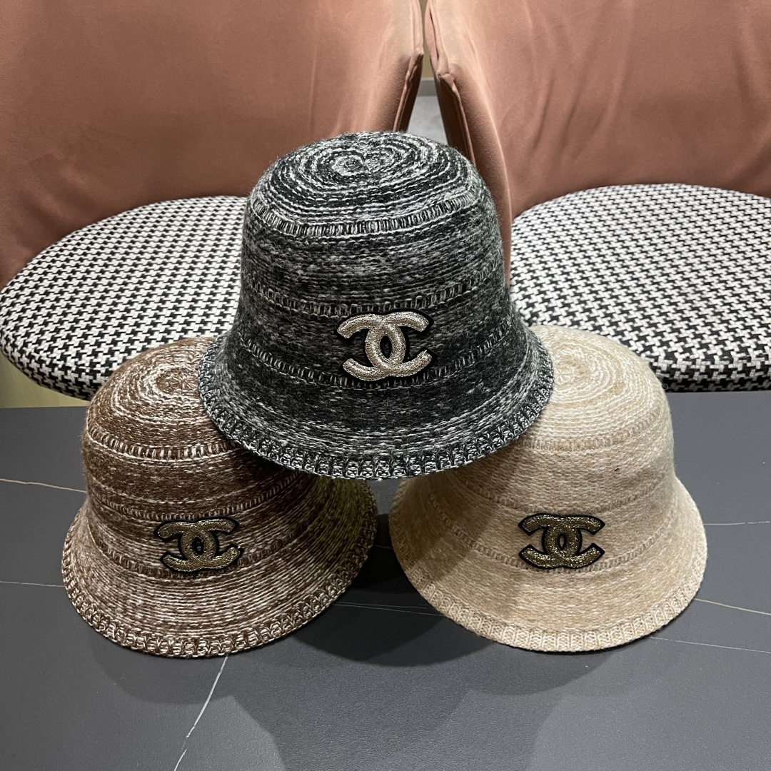  香奈儿 2025混色针织简约新款渔夫帽女士春季气
质百搭防晒水桶帽遮阳盆帽子潮