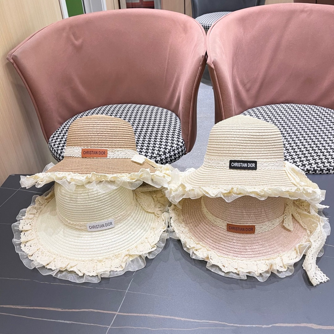  迪奥Dior草帽女蕾丝蝴蝶结遮阳帽户外出游度假太阳帽沙滩
防晒帽百搭渔夫帽