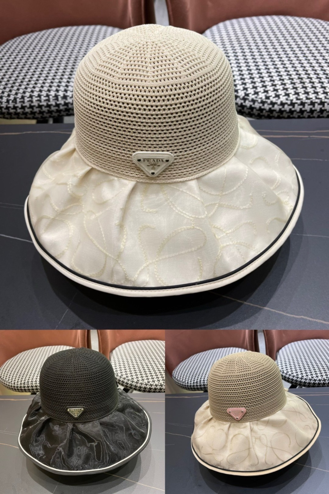  普拉达Prada2025流行新款韩版甜美可爱系带蝴蝶结渔夫帽子女遮阳防晒盆帽