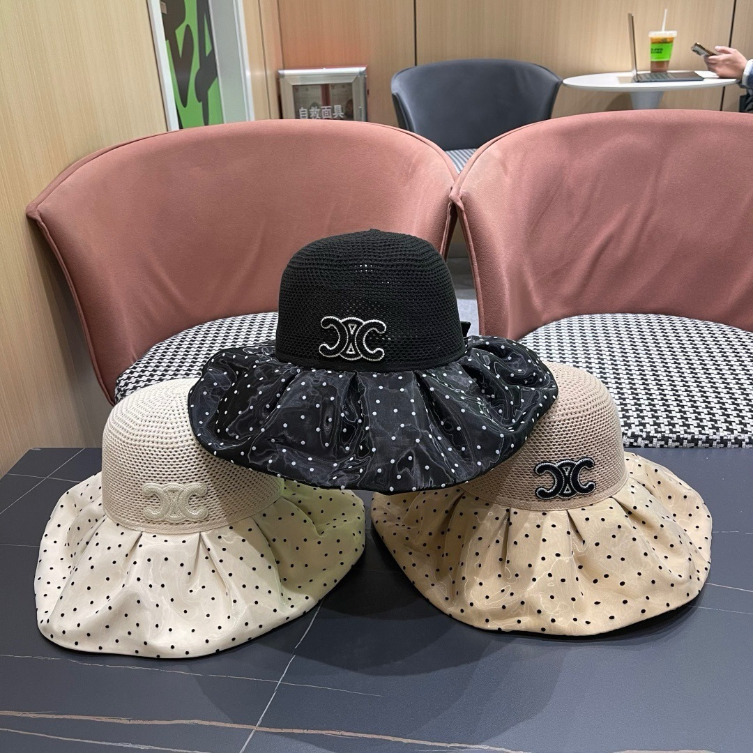  赛琳CELINE 春夏新款时尚波点大沿遮阳女渔夫帽度假遮脸防晒帽户外休闲太阳帽