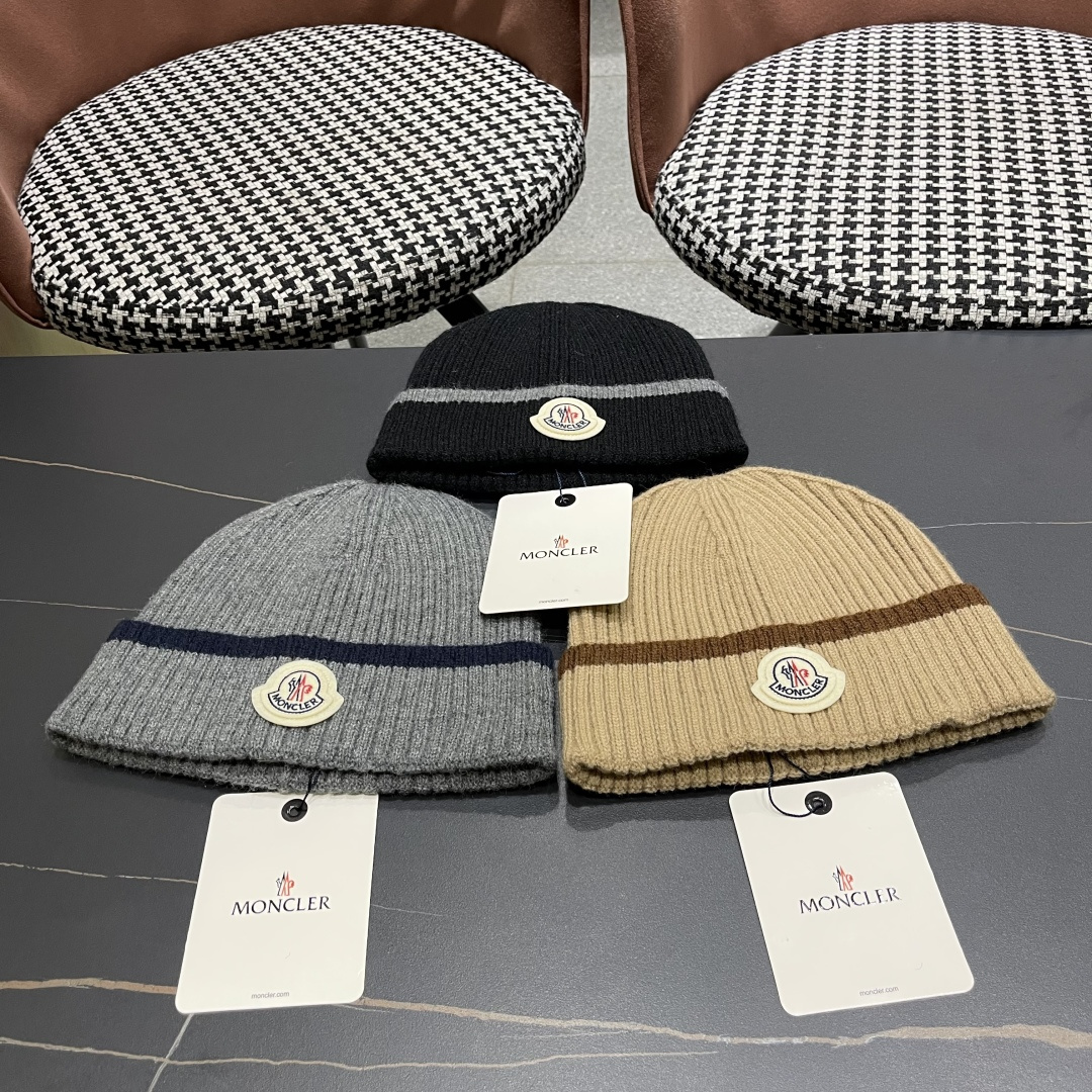 【MONCLER蒙口秋冬加厚加绒边保暖加厚男士针织帽户外护耳毛线帽女