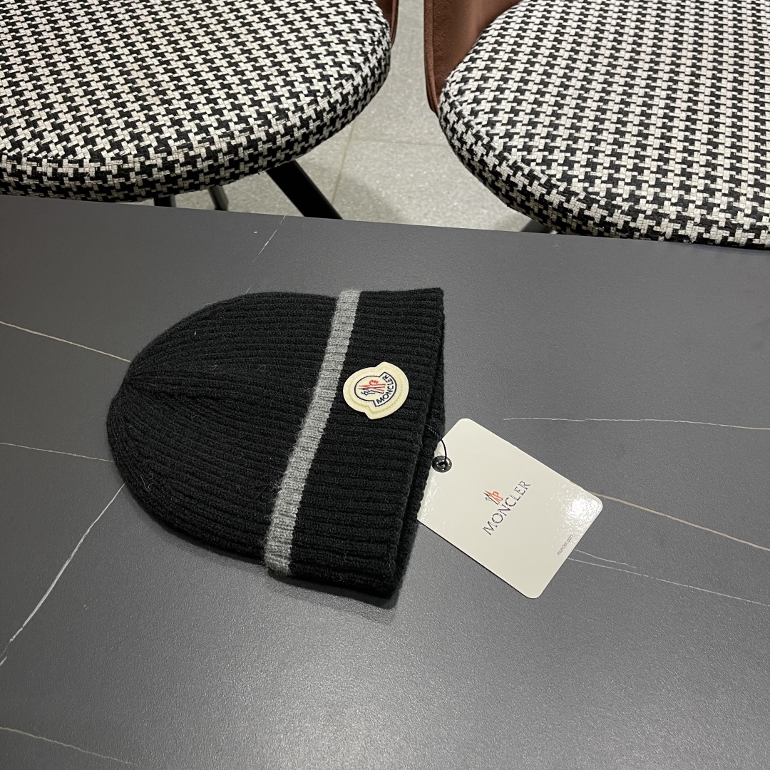 【MONCLER蒙口秋冬加厚加绒边保暖加厚男士针织帽户外护耳毛线帽女