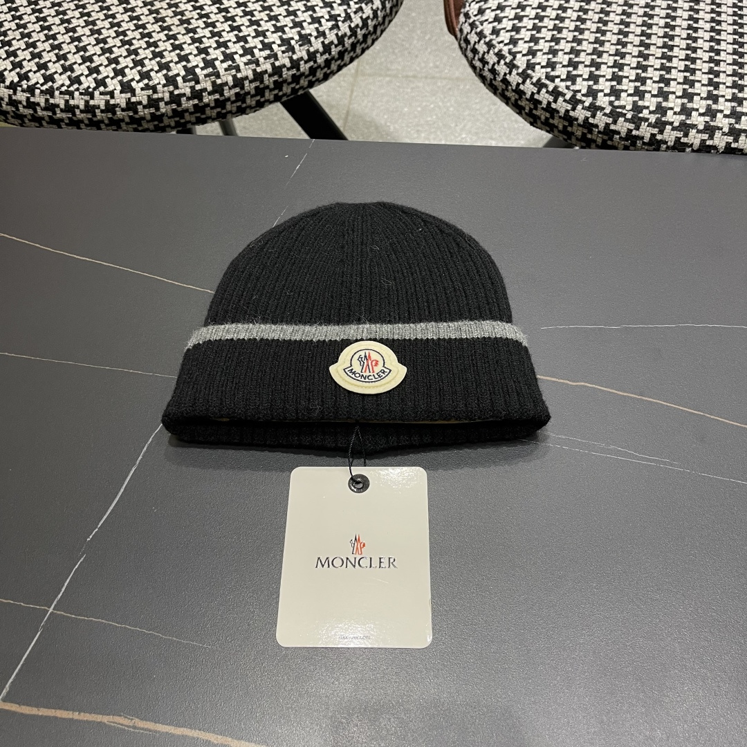 【MONCLER蒙口秋冬加厚加绒边保暖加厚男士针织帽户外护耳毛线帽女