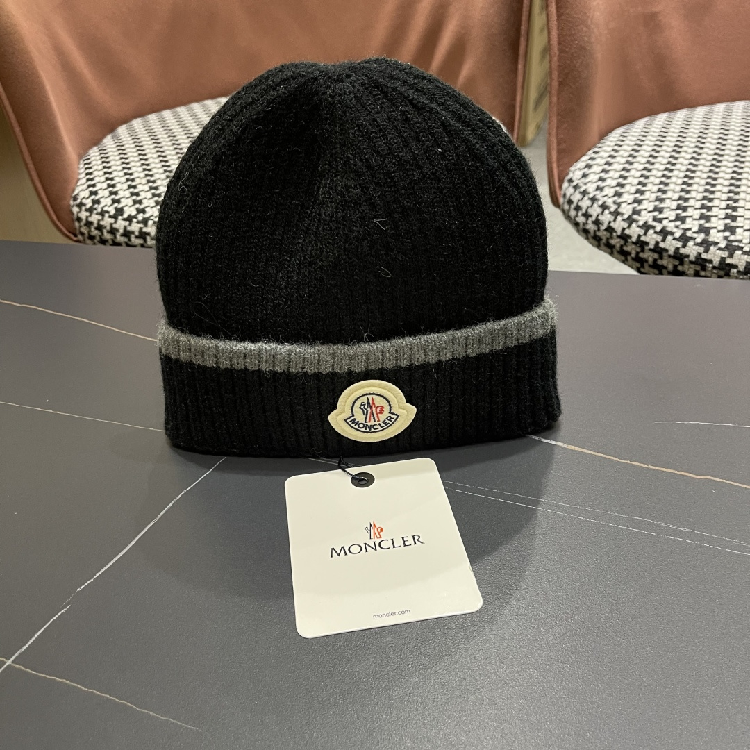 【MONCLER蒙口秋冬加厚加绒边保暖加厚男士针织帽户外护耳毛线帽女