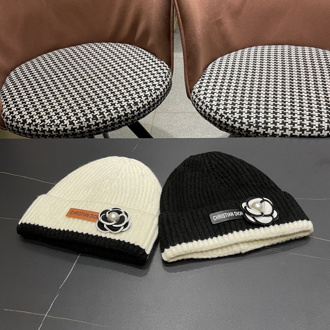  DIOR迪奥针织带花帽子女冬季复古百搭显脸小毛线帽大头围保暖冷帽