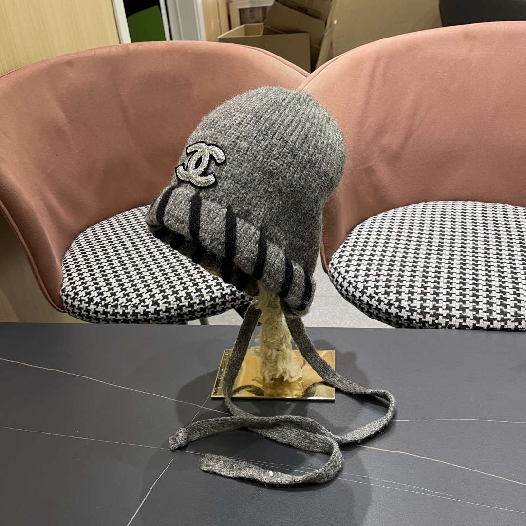  香奈儿(CHANEL) 2025新款韩版百搭绑带毛线帽子女秋冬季休闲出游包头帽通勤