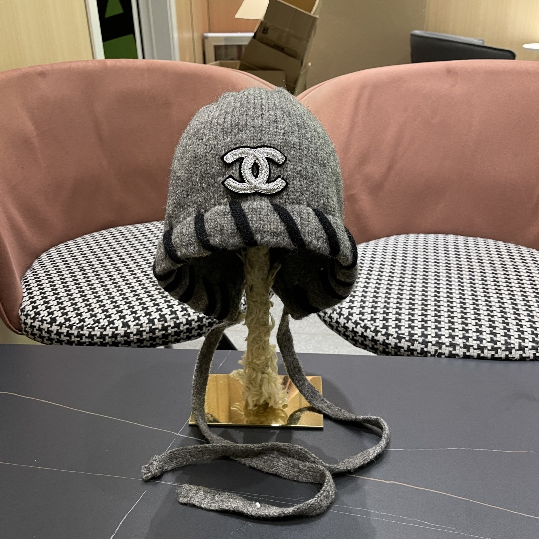  香奈儿(CHANEL) 2025新款韩版百搭绑带毛线帽子女秋冬季休闲出游包头帽通勤
