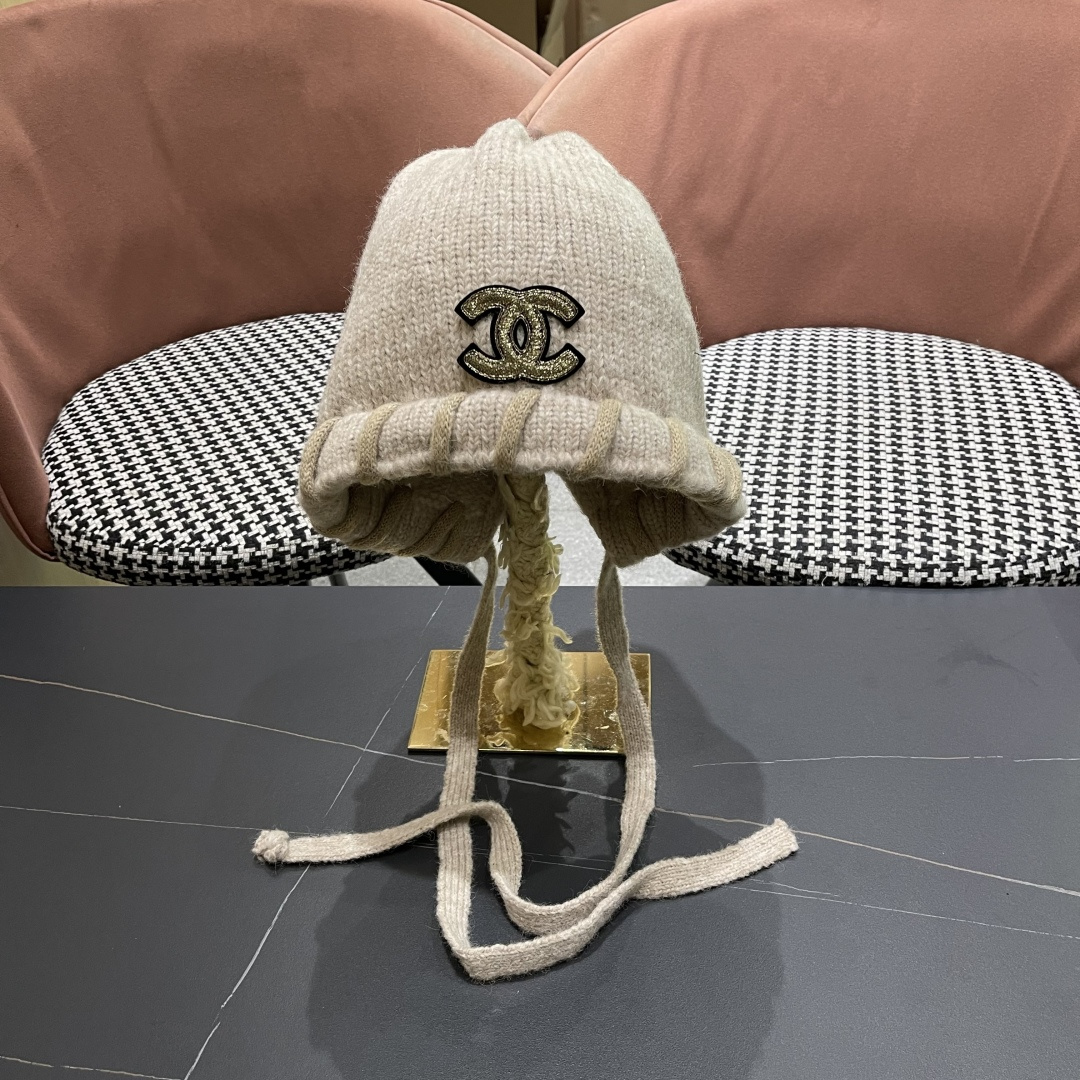  香奈儿(CHANEL) 2025新款韩版百搭绑带毛线帽子女秋冬季休闲出游包头帽通勤