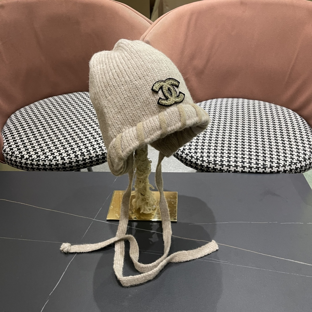  香奈儿(CHANEL) 2025新款韩版百搭绑带毛线帽子女秋冬季休闲出游包头帽通勤