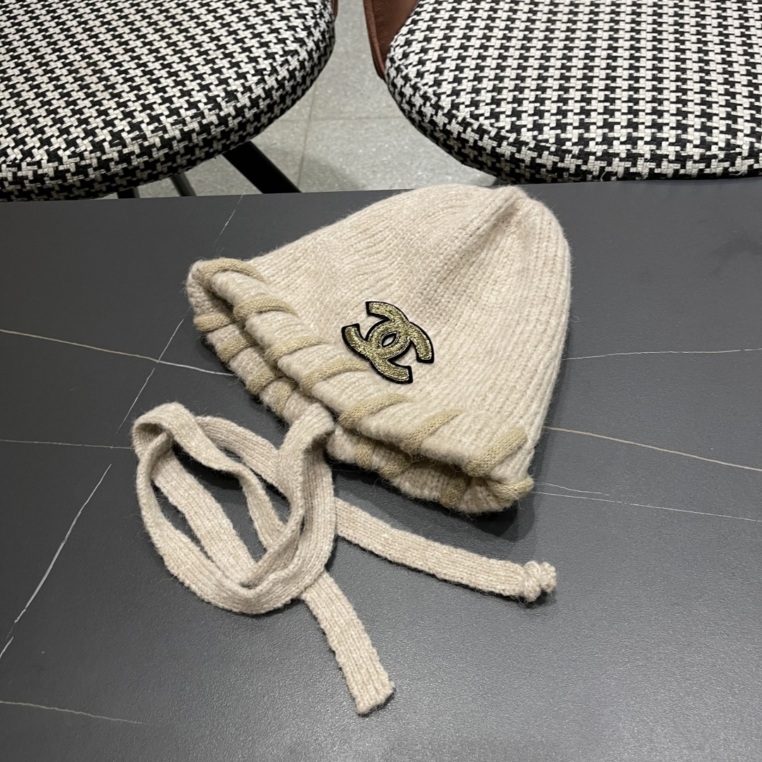  香奈儿(CHANEL) 2025新款韩版百搭绑带毛线帽子女秋冬季休闲出游包头帽通勤
