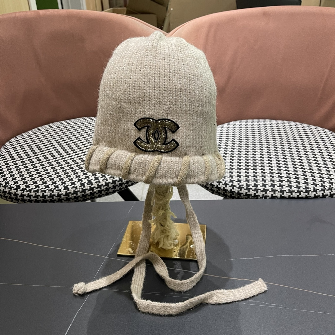  香奈儿(CHANEL) 2025新款韩版百搭绑带毛线帽子女秋冬季休闲出游包头帽通勤