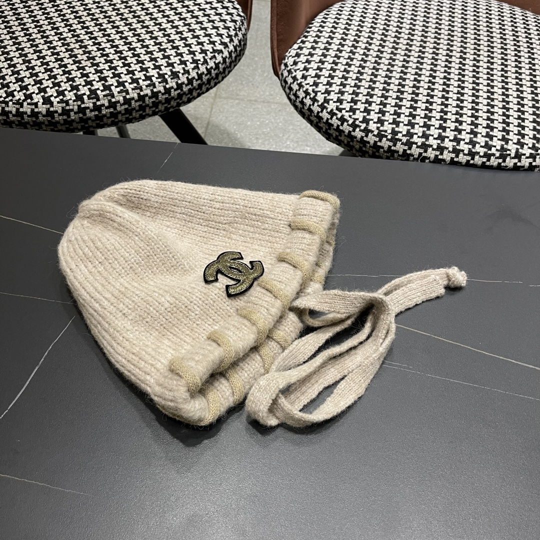  香奈儿(CHANEL) 2025新款韩版百搭绑带毛线帽子女秋冬季休闲出游包头帽通勤