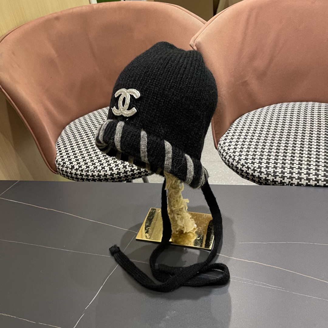  香奈儿(CHANEL) 2025新款韩版百搭绑带毛线帽子女秋冬季休闲出游包头帽通勤